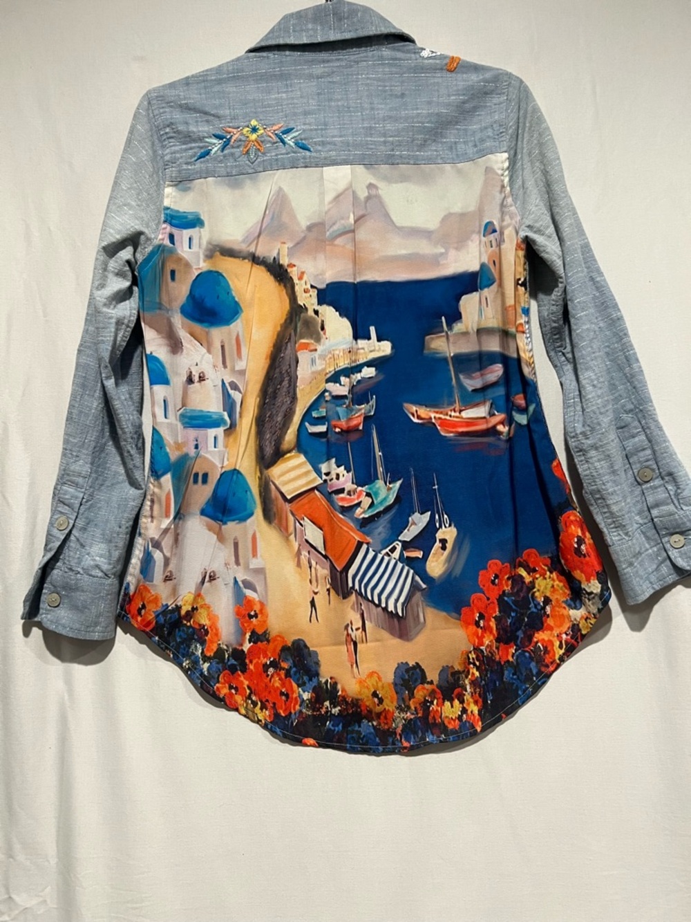 Soft Surroundings Embellished Santorini Print Shirt Cotton XSP Beaded - Picture 8 of 11